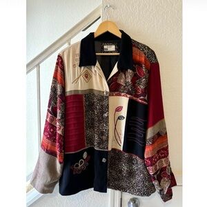 Vintage Koret Women’s Button Up Blouse 18W Patchwork Bohemian Earth Tones Flowy